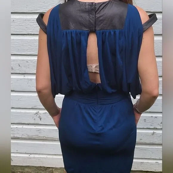 Yigal Azrouel Draped Leather Trim Cold Shoulder Designer Dress Blue 2 - Picture 5 of 13